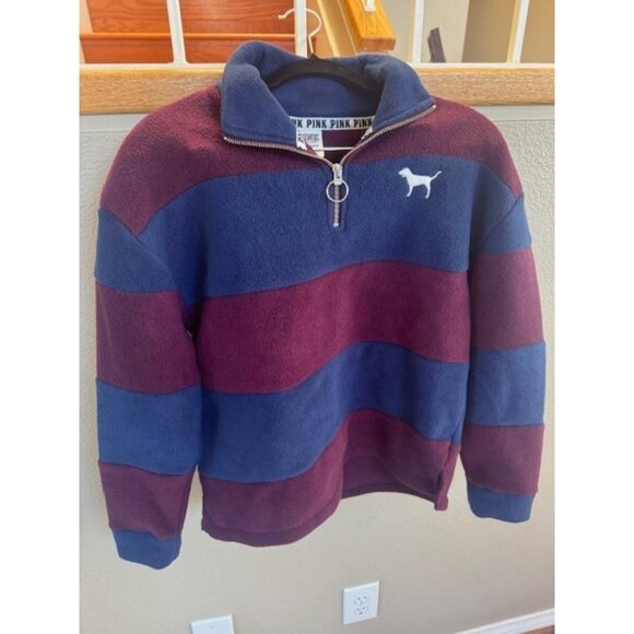 Victorias Secret PINK Extra Small XS Polar Fleece Half-Zip Sweater Stripped NWOT - Picture 1 of 2